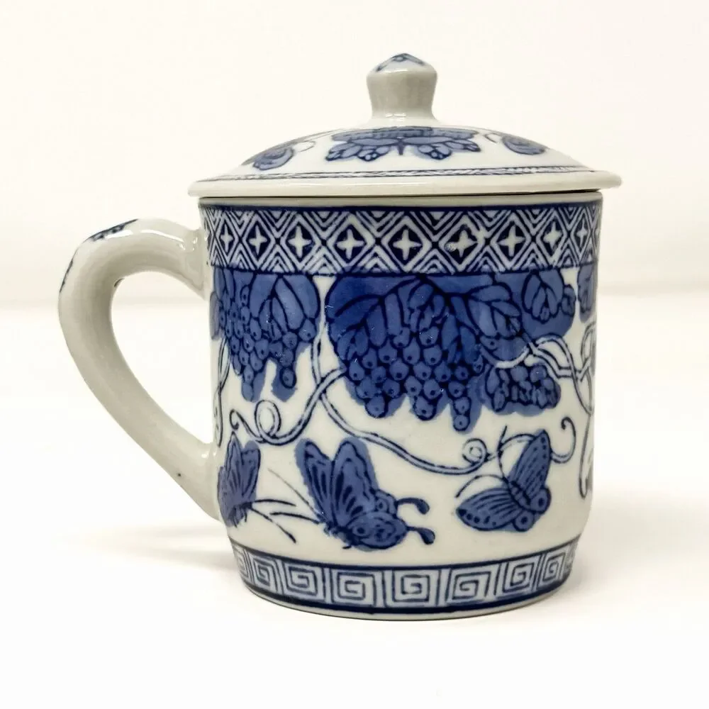 Blue White Chinese Porcelain Lidded Mugs Butterflies Grapevines Set of 4